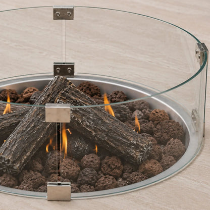 Cosiloft Novi Taupe Beige Outdoor Gas Fire Pit Coffee Table right side close up with Cosiglass Round Wind Guard, ceramic logs and lava stones | Click Style
