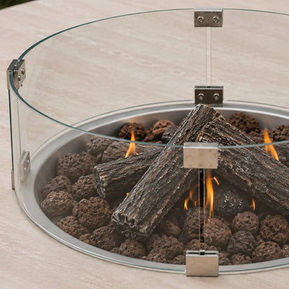 Cosiloft Novi Taupe Beige Outdoor Gas Fire Pit Coffee Table left side close up with Cosiglass Round Wind Guard, ceramic logs and lava stones | Click Style