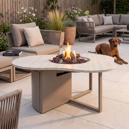 Cosiloft Novi Taupe Beige Organic Shaped Aluminium Outdoor Gas Fire Pit Table with Stone Look Top styled in a contemporary garden with a Rhodesian Ridgeback and Click Style branding 47x120x90cm | Click Style