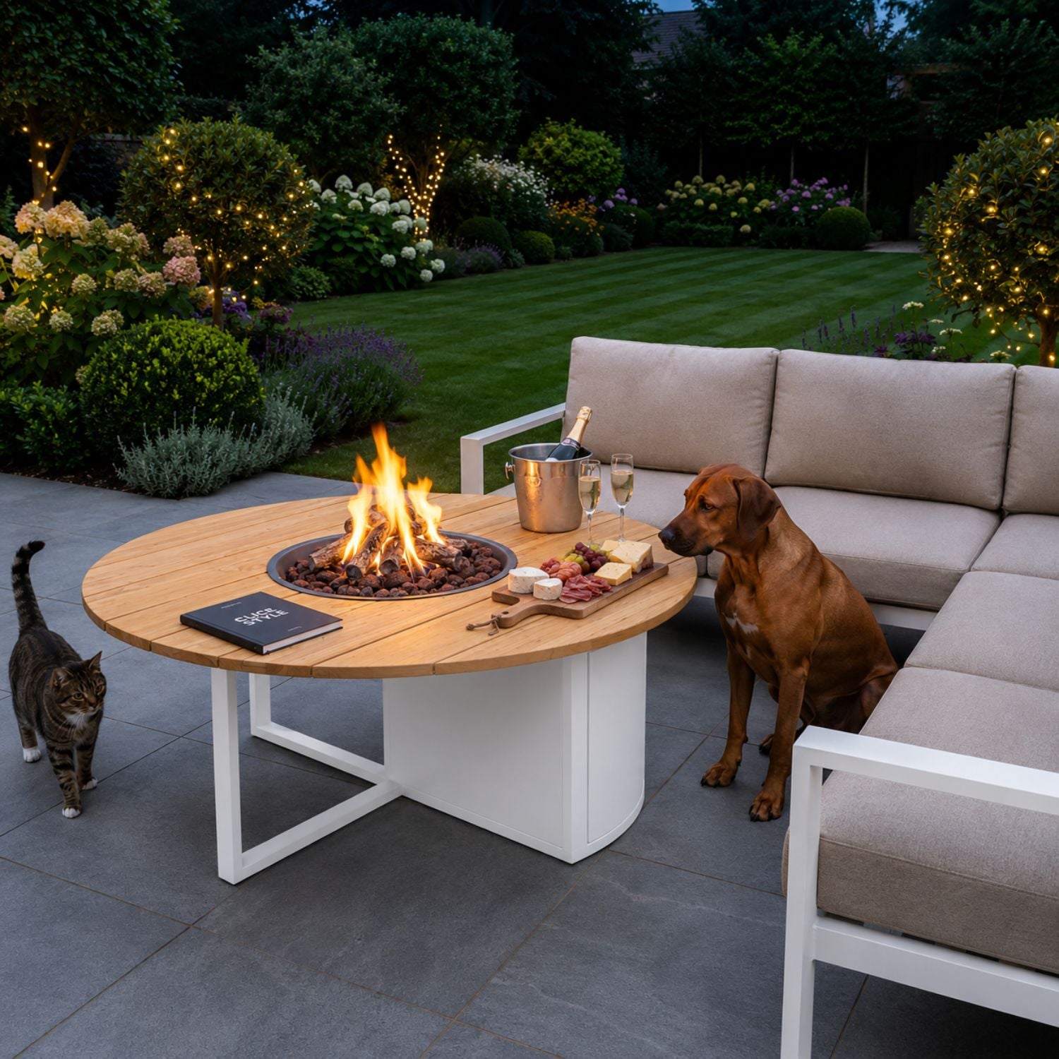 Cosiloft 120 Round Outdoor Gas Fire Pit Table with White Powder-Coated Aluminium Base, Solid Teak Wood Top, Integrated Metal Gas Burner Tray, Hidden Internal 5kg Propane Gas Bottle Storage, Ceramic Logs and Natural Lava Stones 50x120x120cm | Click Style