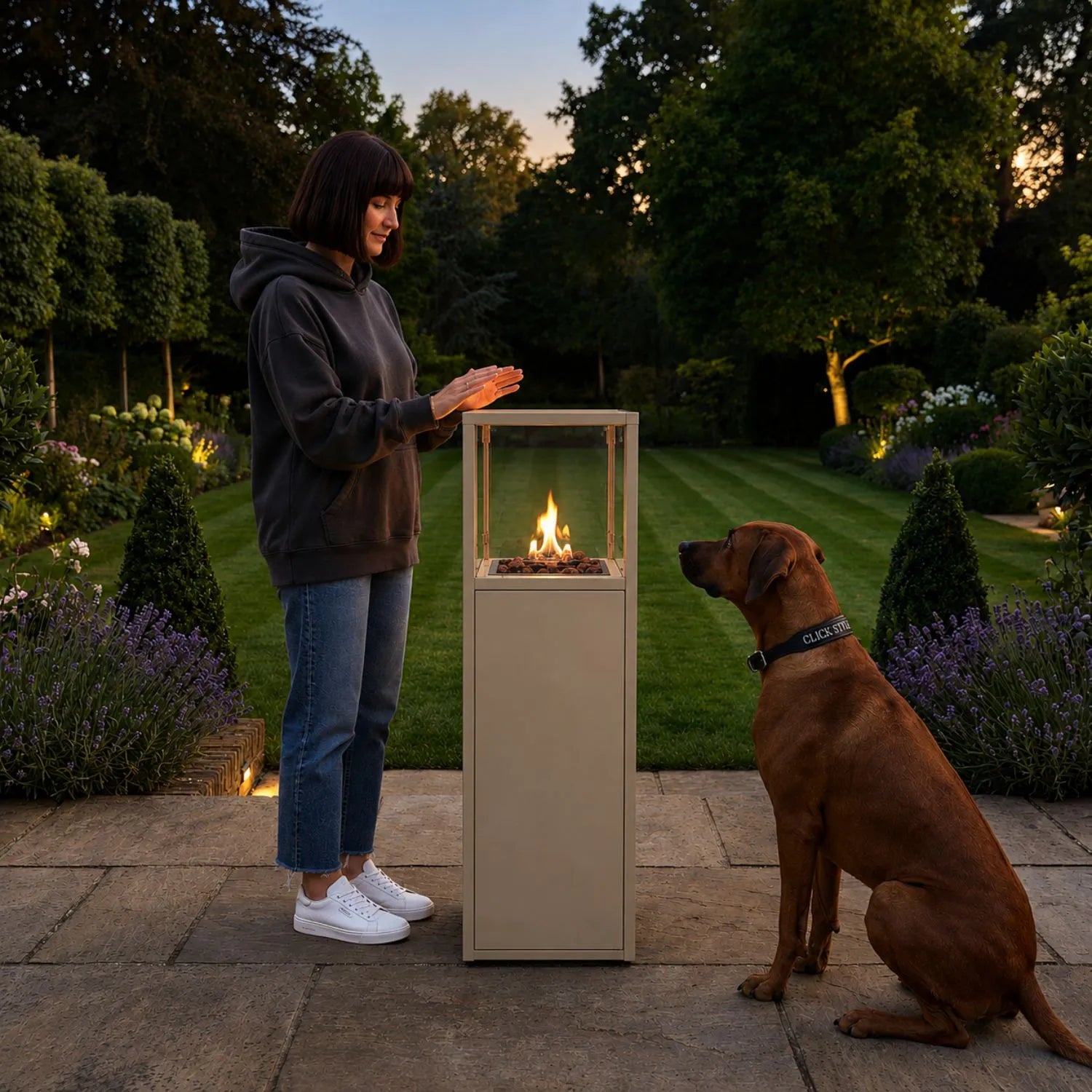 Cosipillar Beige Taupe Metal Floor-Standing Outdoor Gas Fire Lantern with Glass Guard, Lockable Wheels and Lava Stones 116x40x40cm | Click Style