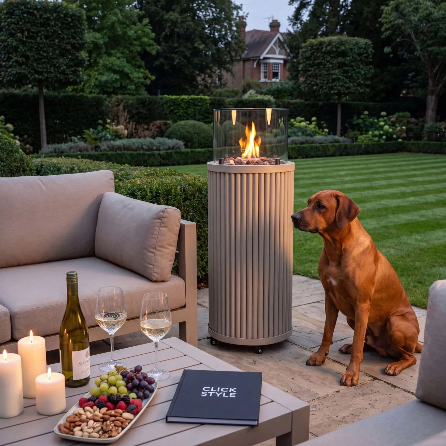 Cosipillar Sandy Beige Ribbed Aluminium Outdoor Gas Fire Lantern With Glass Guard Lava Stones Hidden 10kg Propane Storage And Lockable Wheels 106x40x40cm | Click Style