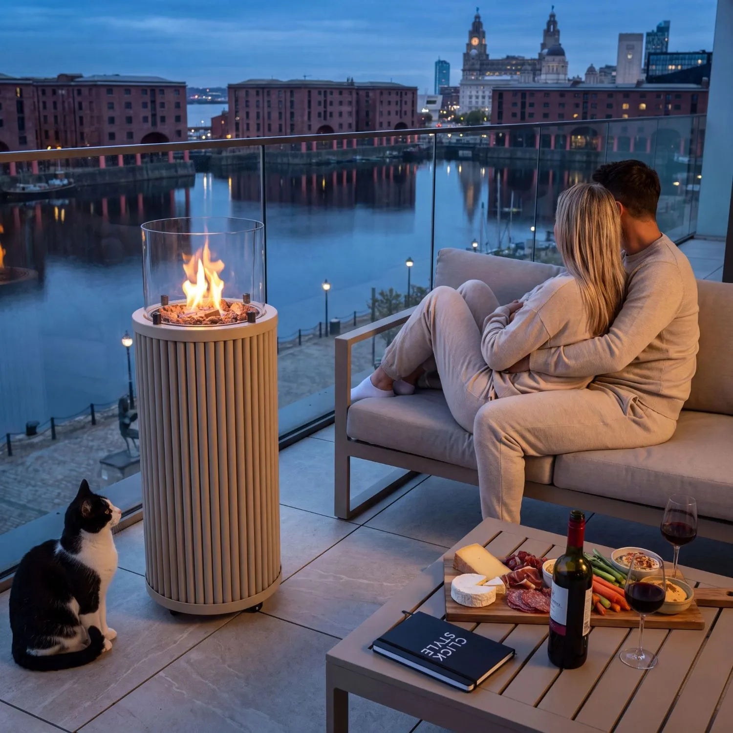 CCosipillar Sandy Beige Ribbed Aluminium Outdoor Gas Fire Lantern With Glass Guard Lava Stones Hidden 10kg Propane Storage And Lockable Wheels 106x40x40cm | Click Style