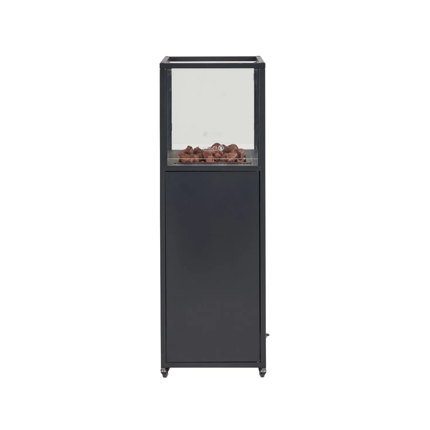 Cosipillar Matt Black Metal Rectangular Floor-Standing Pillar Fire Lantern with Glass Guard Pebbles & Wheels – Propane Gas Outdoor Firepit 116x40x40cm - Click Style