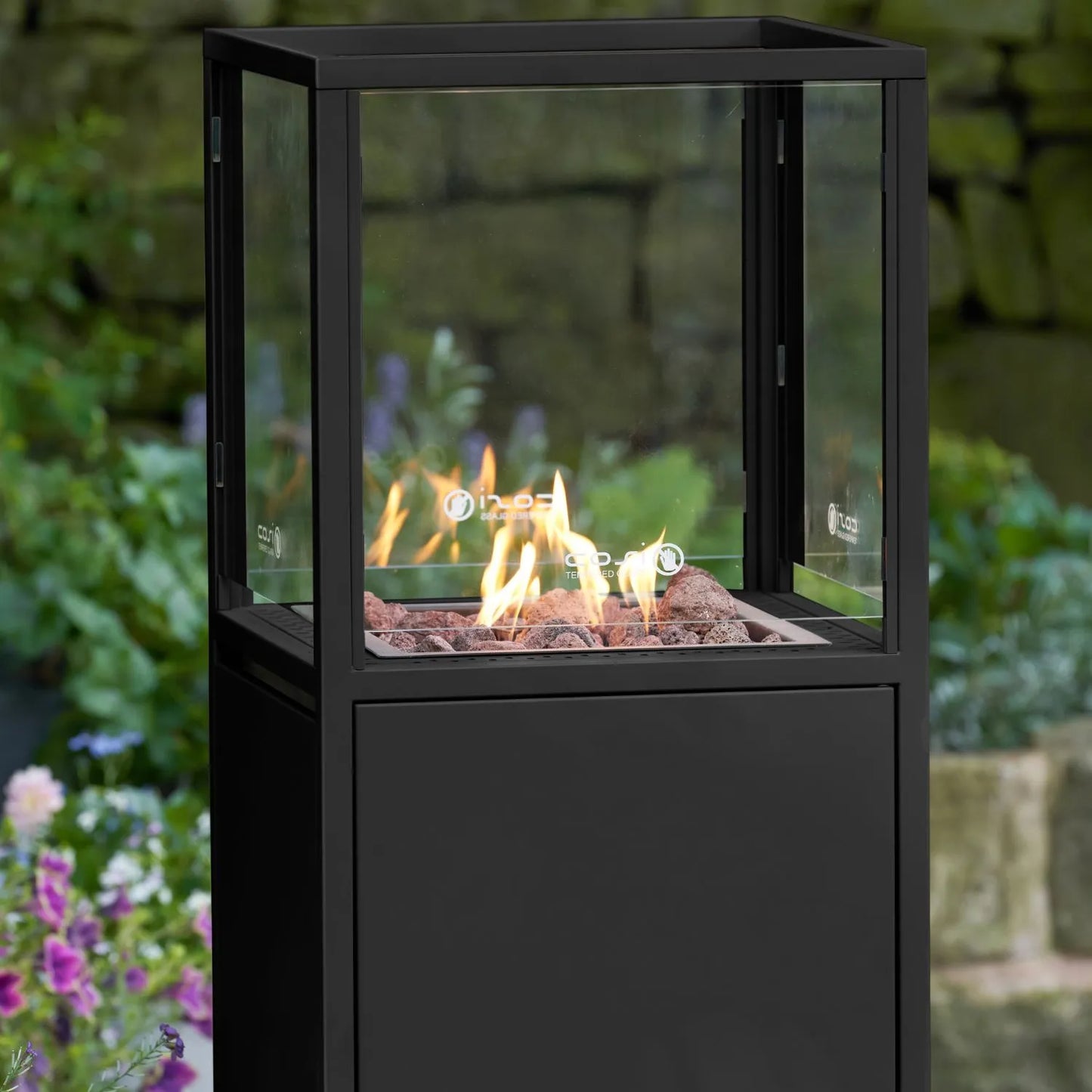 Cosipillar Matt Black Metal Rectangular Floor-Standing Pillar Fire Lantern with Glass Guard Pebbles & Wheels – Propane Gas Outdoor Firepit 116x40x40cm - Click Style