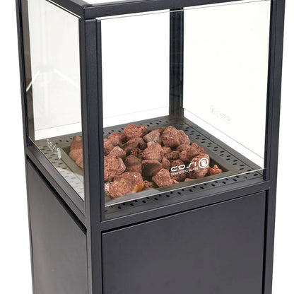 Cosipillar Matt Black Metal Rectangular Floor-Standing Pillar Fire Lantern with Glass Guard Pebbles & Wheels – Propane Gas Outdoor Firepit 116x40x40cm - Click Style