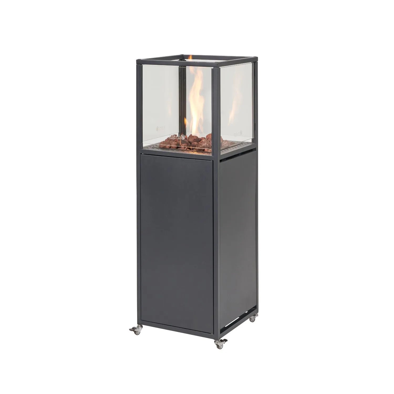 Cosipillar Matt Black Metal Rectangular Floor-Standing Pillar Fire Lantern with Glass Guard Pebbles & Wheels – Propane Gas Outdoor Firepit 116x40x40cm - Click Style