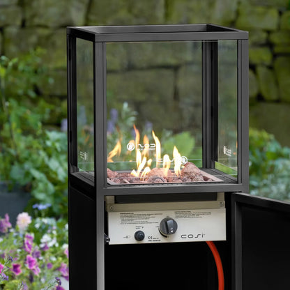 Cosipillar Matt Black Metal Rectangular Floor-Standing Pillar Fire Lantern with Glass Guard Pebbles & Wheels – Propane Gas Outdoor Firepit 116x40x40cm - Click Style