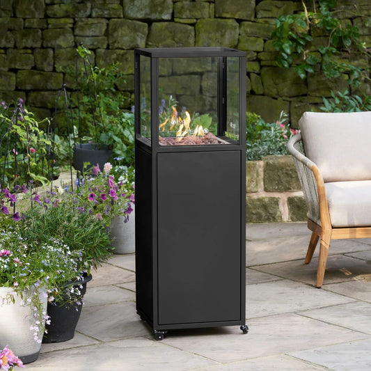 Cosipillar Matt Black Metal Rectangular Floor-Standing Pillar Fire Lantern with Glass Guard Pebbles & Wheels – Propane Gas Outdoor Firepit 116x40x40cm - Click Style