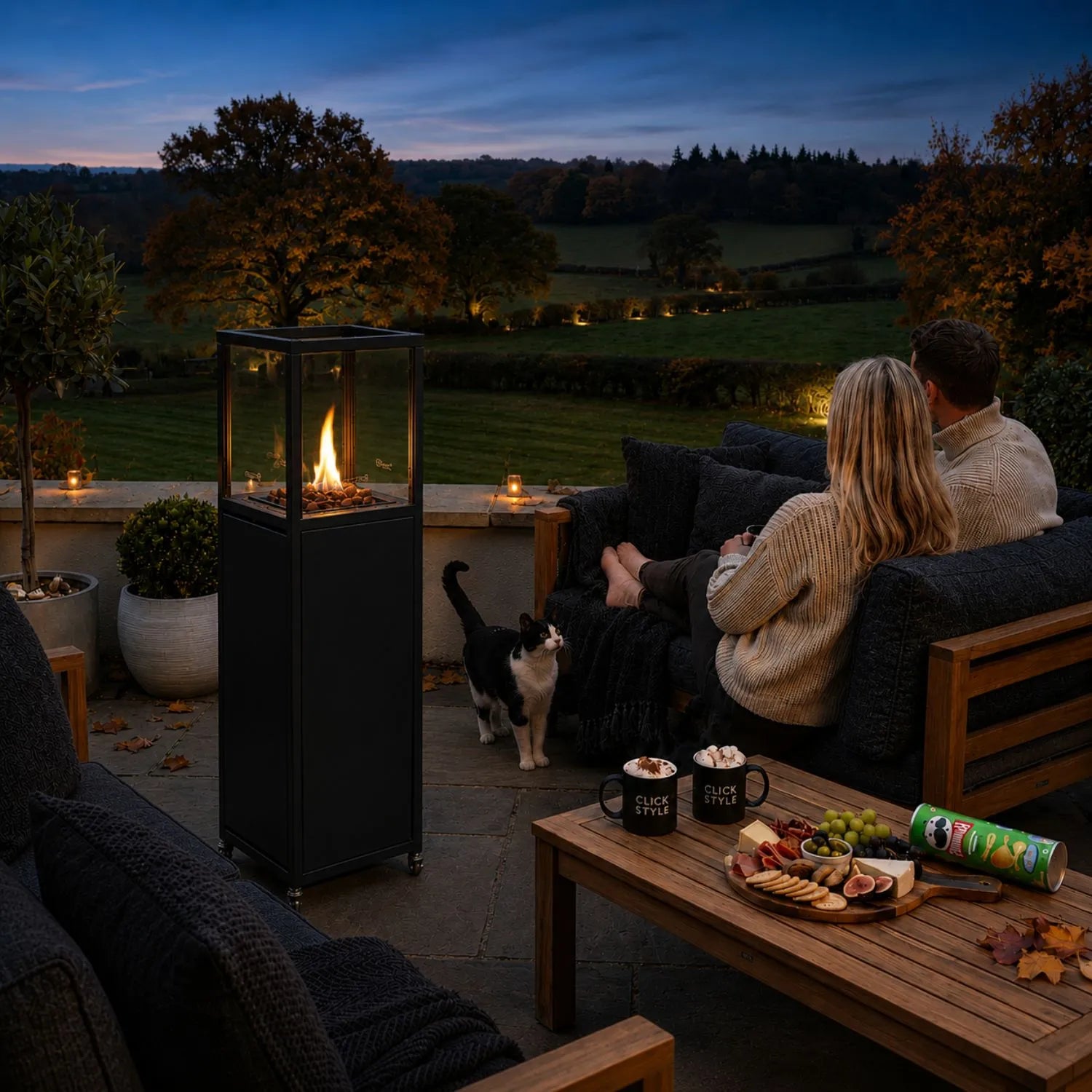 Cosipillar Matt Black Propane Outdoor Gas Fire Lantern with Tempered Glass Panels, Lockable Wheels, Lava Stones and Concealed Gas Bottle Storage – Floor-Standing Fire Lantern | Click Style