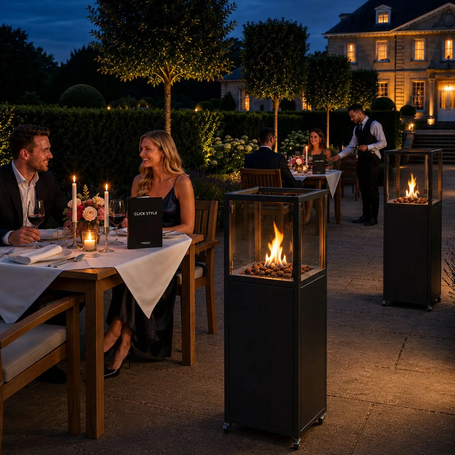 Cosipillar Matt Black Propane Outdoor Gas Fire Lantern with Tempered Glass Panels, Lockable Wheels, Lava Stones and Concealed Gas Bottle Storage – Floor-Standing Fire Lantern | Click Style