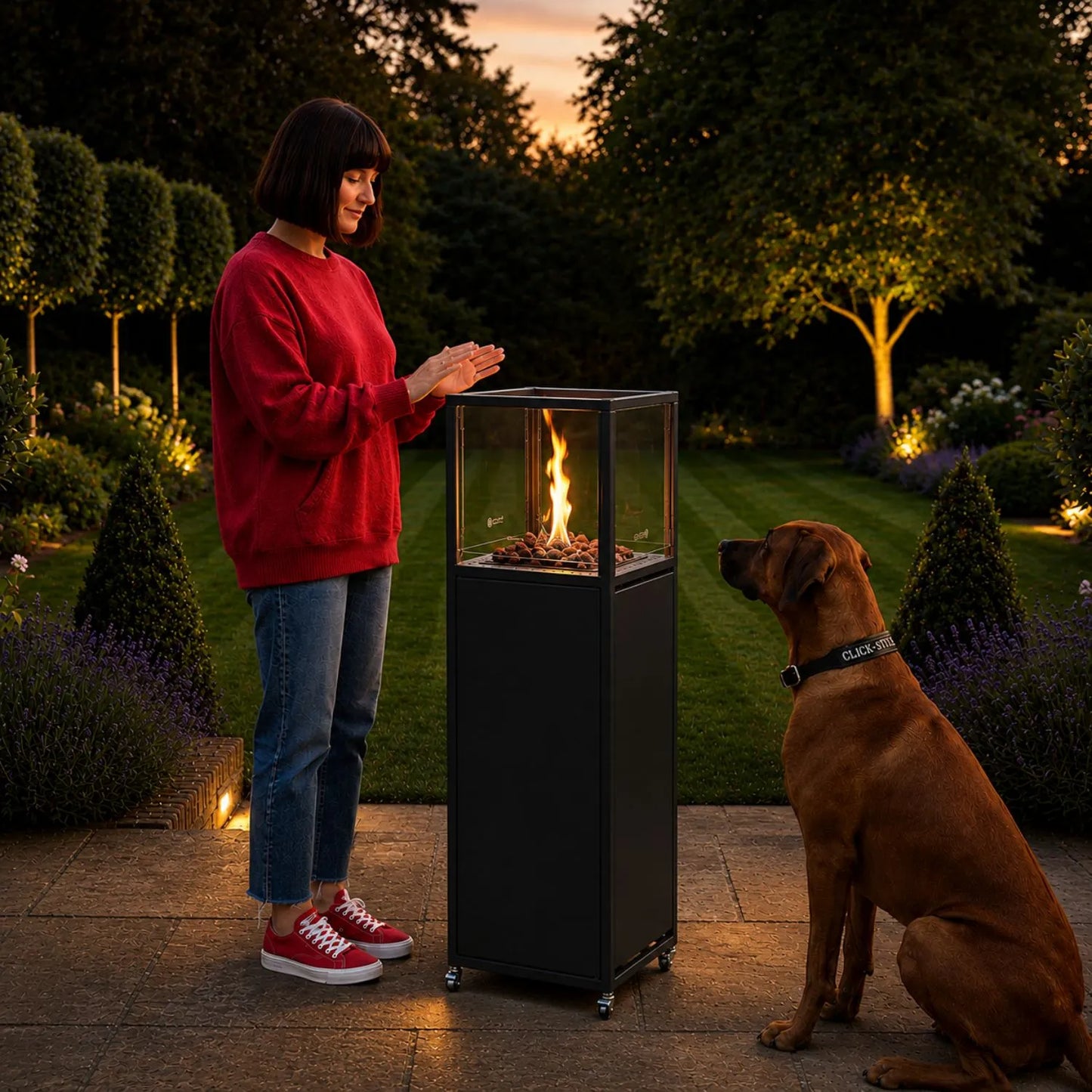 Cosipillar Matt Black Propane Outdoor Gas Fire Lantern with Tempered Glass Panels, Lockable Wheels, Lava Stones and Concealed Gas Bottle Storage – Floor-Standing Fire Lantern | Click Style