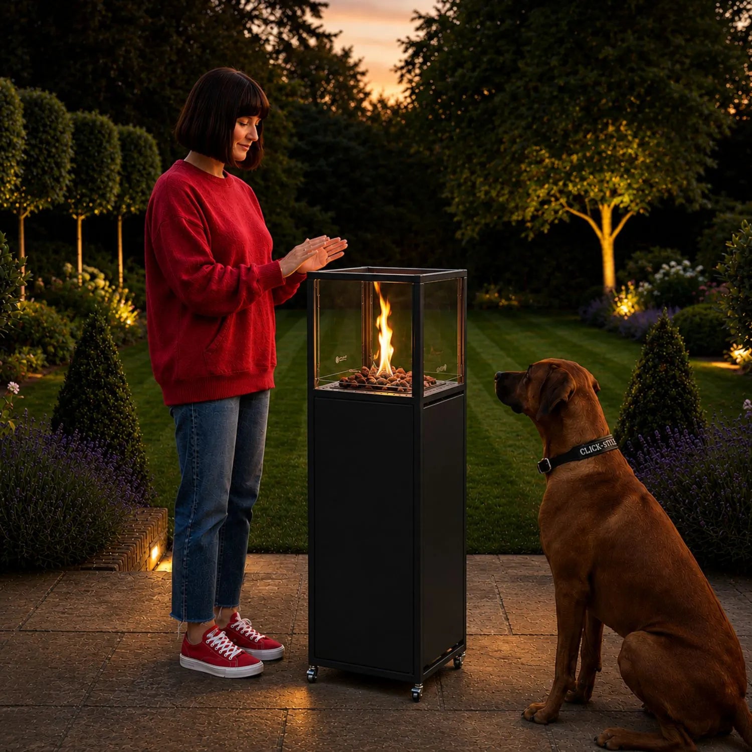 Cosipillar Matt Black Propane Outdoor Gas Fire Lantern with Tempered Glass Panels, Lockable Wheels, Lava Stones and Concealed Gas Bottle Storage – Floor-Standing Fire Lantern | Click Style