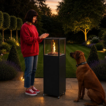 Cosipillar Matt Black Propane Outdoor Gas Fire Lantern with Tempered Glass Panels, Lockable Wheels, Lava Stones and Concealed Gas Bottle Storage – Floor-Standing Fire Lantern | Click Style