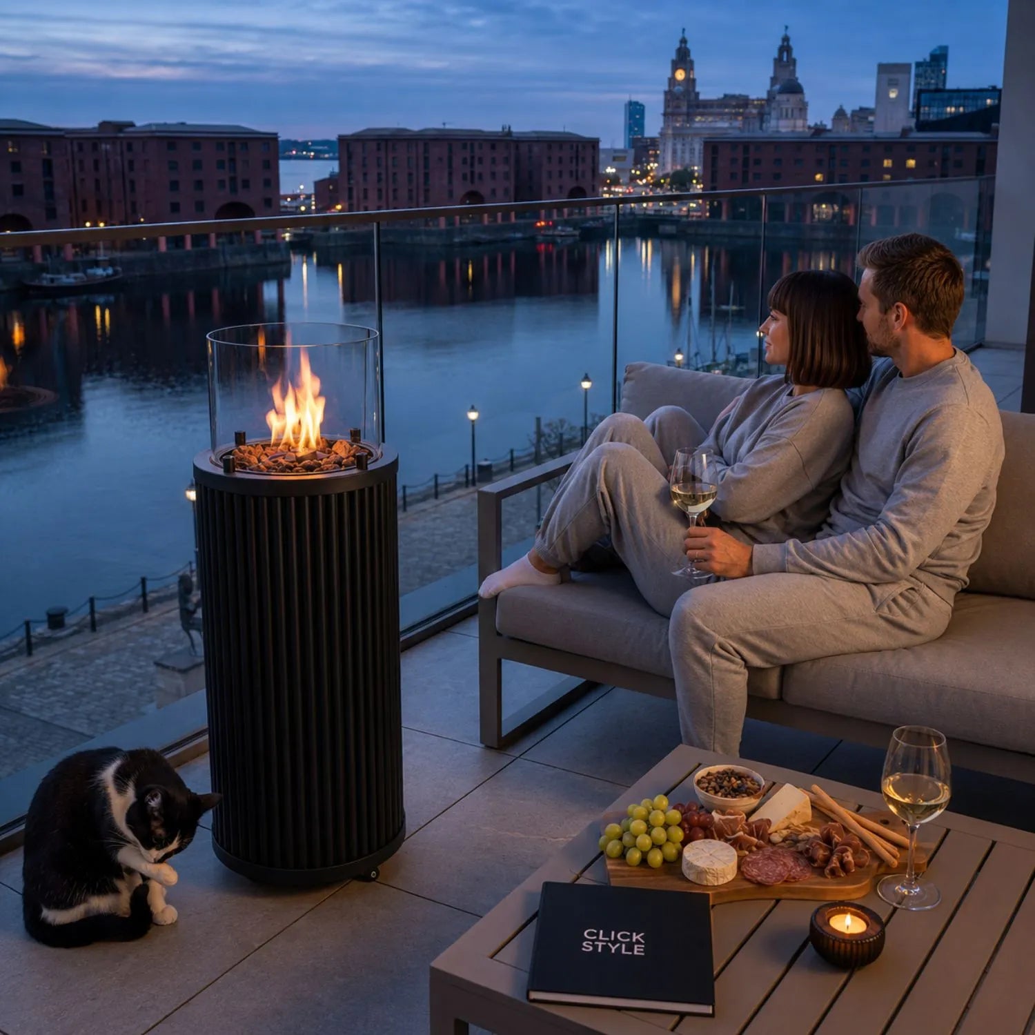 Cosipillar Matt Black Ribbed Metal Cylindrical Floor-Standing Outdoor Gas Fire Lantern with Glass Guard Hidden Propane Storage Lockable Wheels Lava Stones 4kW Adjustable Flame Outdoor Heater for Gardens Patios Terraces and Balconies 106x40x40cm | Click Style