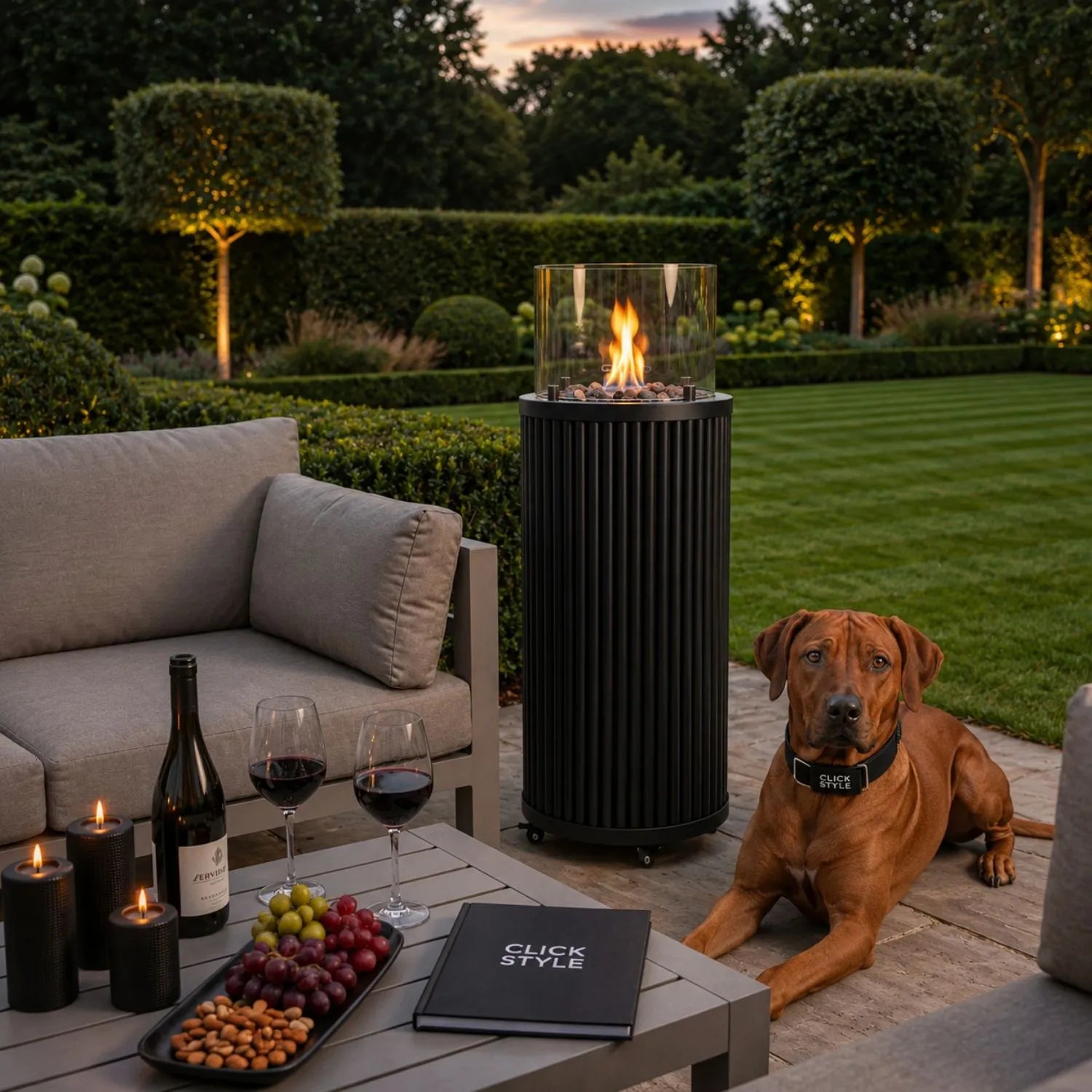 Cosipillar Matt Black Ribbed Metal Cylindrical Floor-Standing Outdoor Gas Fire Lantern with Glass Guard Hidden Propane Storage Lockable Wheels Lava Stones 4kW Adjustable Flame Outdoor Heater for Gardens Patios Terraces and Balconies 106x40x40cm | Click Style