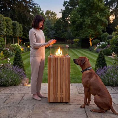 Cosipillar Square Teak Wooden Outdoor Garden Gas Fire Lantern with Glass Guard, Concealed Propane Gas Bottle Storage and Lockable Wheels 105x40x40cm | Click Style
