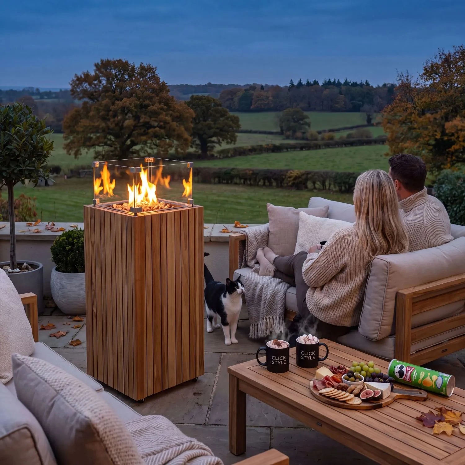 Cosipillar Square Teak Wooden Outdoor Garden Gas Fire Lantern with Glass Guard, Concealed Propane Gas Bottle Storage and Lockable Wheels 105x40x40cm | Click Style
