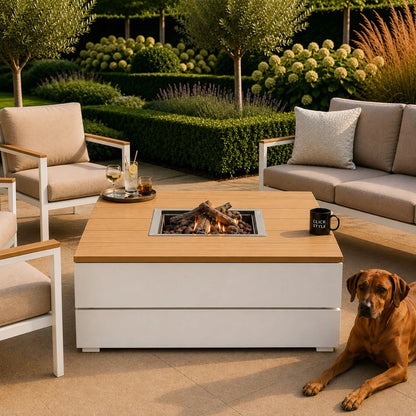 Cosipure 100 Low Square Outdoor Gas Fire Pit Coffee Table with White Aluminium Base & Slatted Solid Teak Top – Contemporary Fire Pit Table for Patios Terraces Gardens & Outdoor Living Spaces 50x100x100cm | Click Style