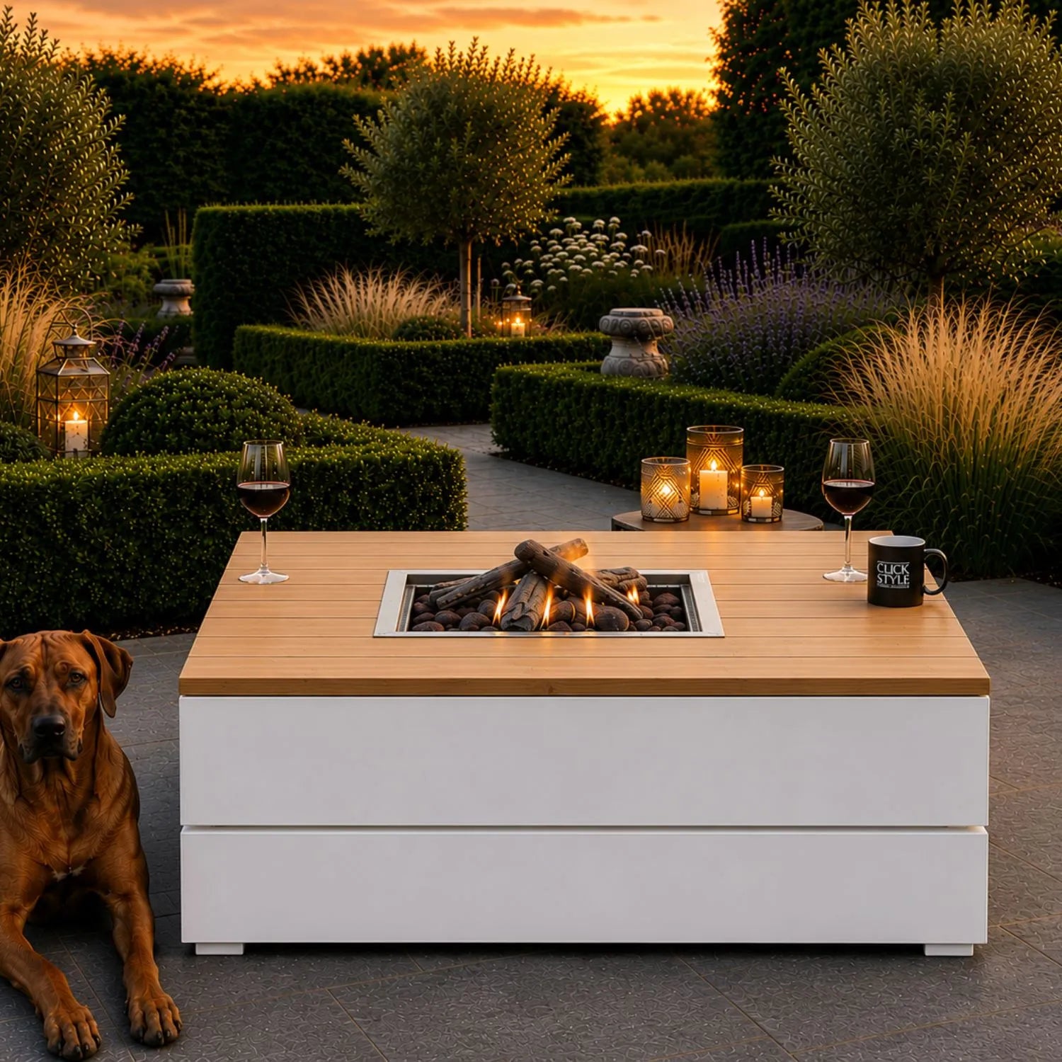 Cosipure 100 Low Square Outdoor Gas Fire Pit Coffee Table with White Aluminium Base & Slatted Solid Teak Top – Contemporary Fire Pit Table for Patios Terraces Gardens & Outdoor Living Spaces 50x100x100cm | Click Style