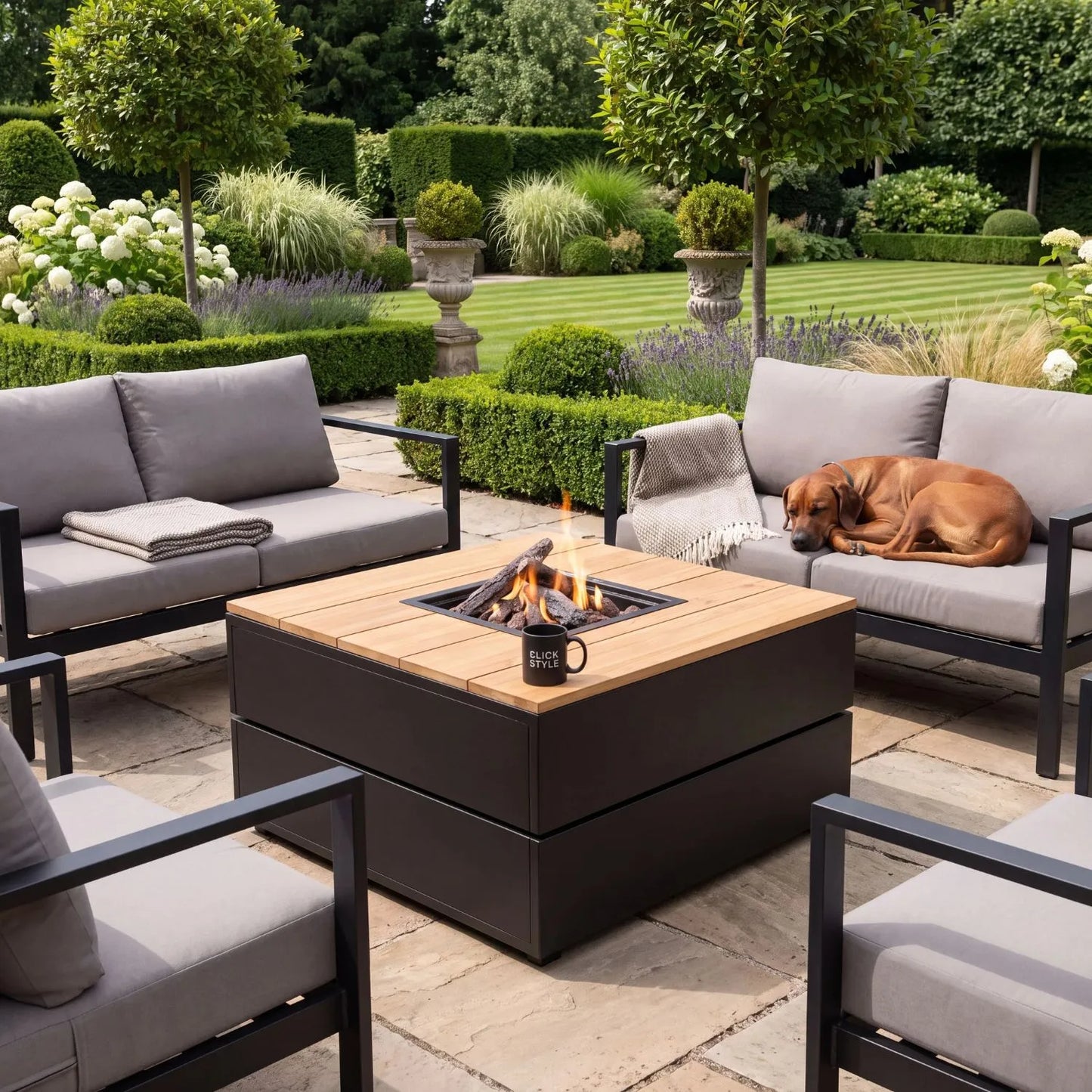 Cosipure 100 Square Outdoor Garden Gas Fire Pit Coffee Table with Black Aluminium Frame & Slatted Solid Teak Top 50x100x100cm | Click Style