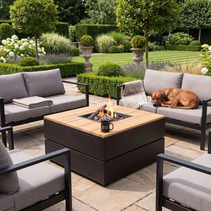 Cosipure 100 Square Outdoor Garden Gas Fire Pit Coffee Table with Black Aluminium Frame & Slatted Solid Teak Top 50x100x100cm | Click Style