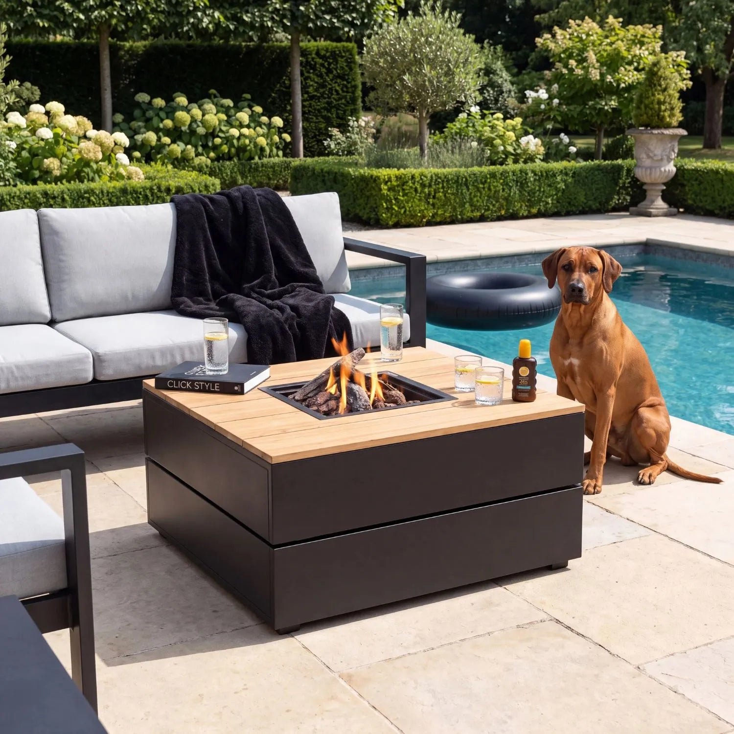 Cosipure 100 Square Outdoor Garden Gas Fire Pit Coffee Table with Black Aluminium Frame & Slatted Solid Teak Top 50x100x100cm | Click Style