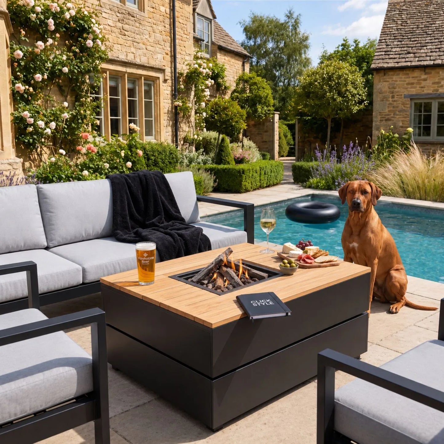 Cosipure 100 Square Outdoor Garden Gas Fire Pit Coffee Table with Black Aluminium Frame & Slatted Solid Teak Top 50x100x100cm | Click Style