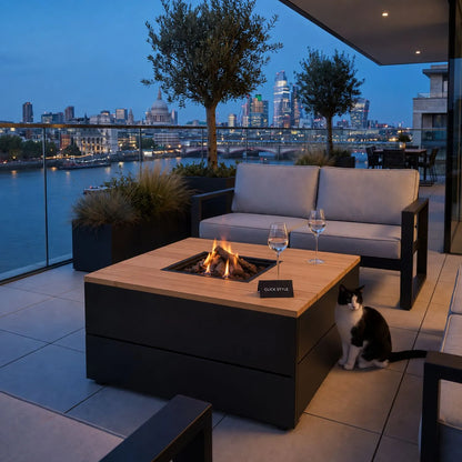 Cosipure 100 Square Outdoor Garden Gas Fire Pit Coffee Table with Black Aluminium Frame & Slatted Solid Teak Top 50x100x100cm | Click Style