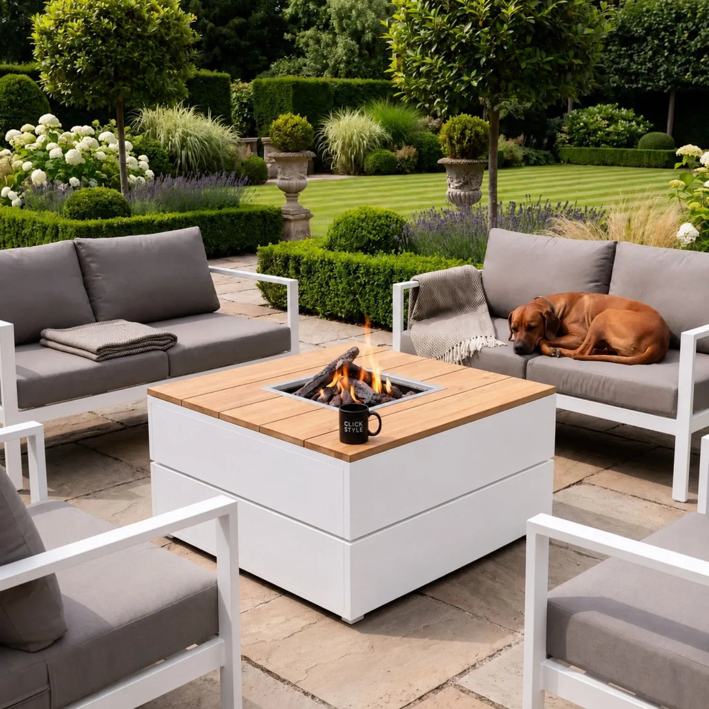 Cosipure 100 Low Square Outdoor Gas Fire Pit Coffee Table with White Aluminium Base & Slatted Solid Teak Top – Contemporary Fire Pit Table for Patios Terraces Gardens & Outdoor Living Spaces 50x100x100cm | Click Style