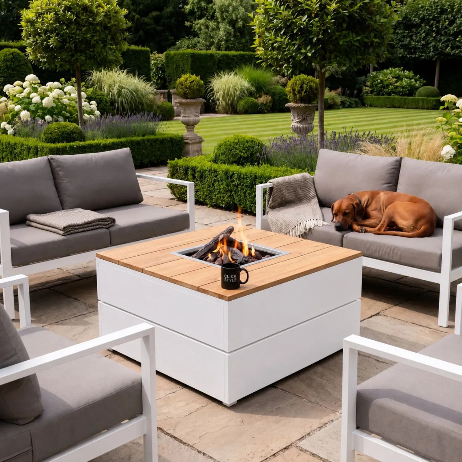 Cosipure 100 Low Square Outdoor Gas Fire Pit Coffee Table with White Aluminium Base & Slatted Solid Teak Top – Contemporary Fire Pit Table for Patios Terraces Gardens & Outdoor Living Spaces 50x100x100cm | Click Style