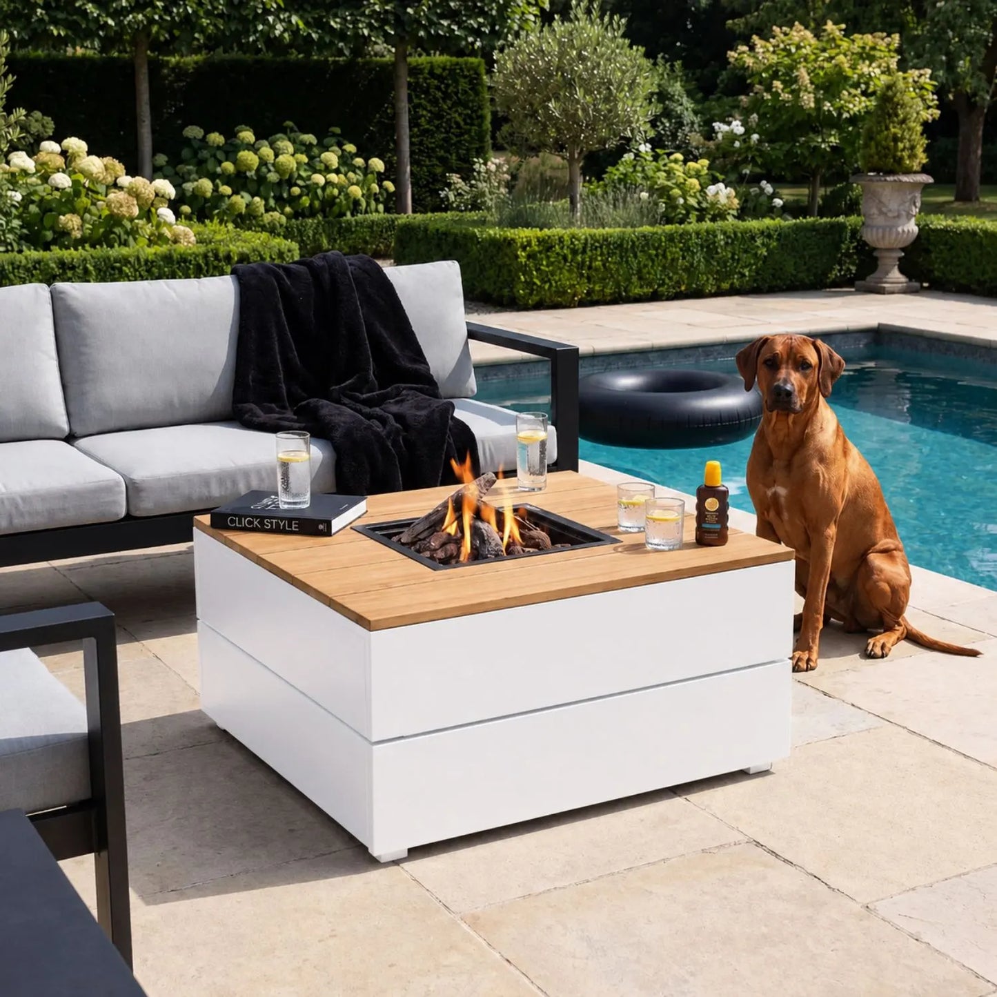 Cosipure 100 Low Square Outdoor Gas Fire Pit Coffee Table with White Aluminium Base & Slatted Solid Teak Top – Contemporary Fire Pit Table for Patios Terraces Gardens & Outdoor Living Spaces 50x100x100cm | Click Style