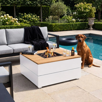 Cosipure 100 Low Square Outdoor Gas Fire Pit Coffee Table with White Aluminium Base & Slatted Solid Teak Top – Contemporary Fire Pit Table for Patios Terraces Gardens & Outdoor Living Spaces 50x100x100cm | Click Style