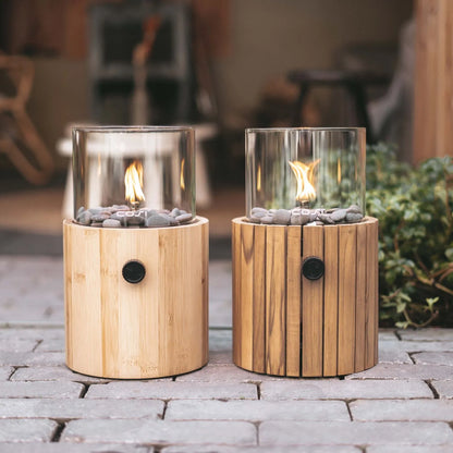 Cosiscoop Bamboo Cylindrical Gas Fire Lantern with Glass Guard & Pebble Stones – Modern Outdoor Tabletop Firepit 30x18.5x18.5cm - Click Style