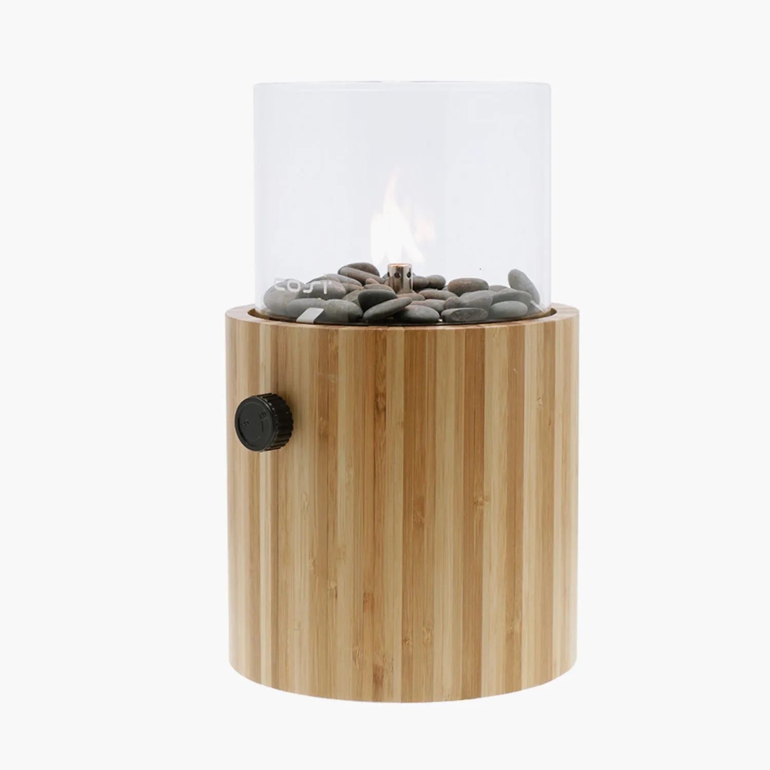 Cosiscoop Bamboo Cylindrical Gas Fire Lantern with Glass Guard & Pebble Stones – Modern Outdoor Tabletop Firepit 30x18.5x18.5cm - Click Style