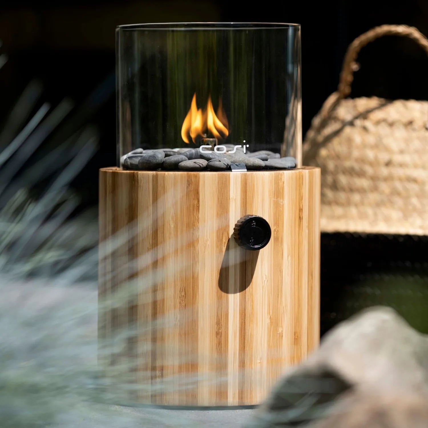 Cosiscoop Bamboo Cylindrical Gas Fire Lantern with Glass Guard & Pebble Stones – Modern Outdoor Tabletop Firepit 30x18.5x18.5cm - Click Style