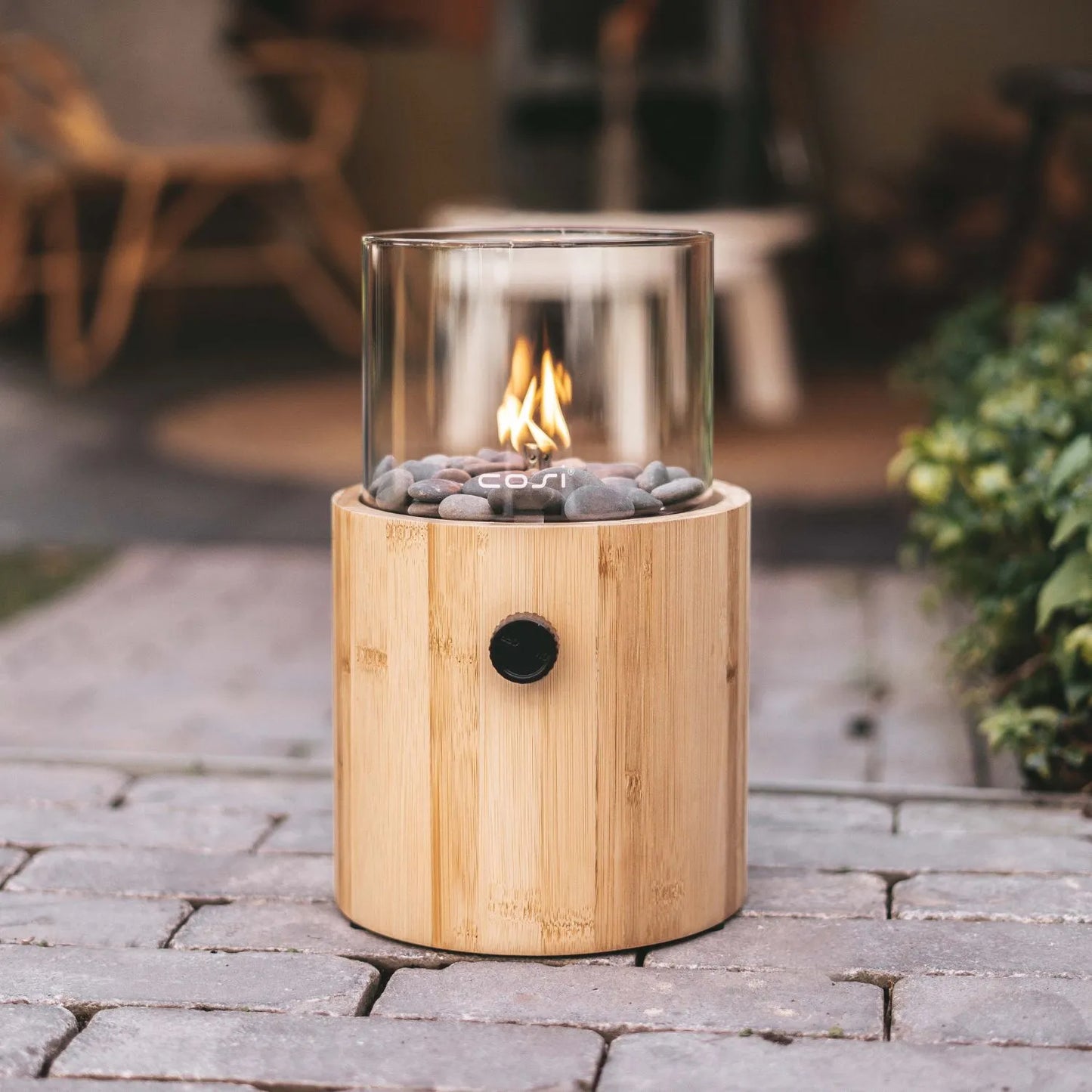 Cosiscoop Bamboo Cylindrical Gas Fire Lantern with Glass Guard & Pebble Stones – Modern Outdoor Tabletop Firepit 30x18.5x18.5cm - Click Style