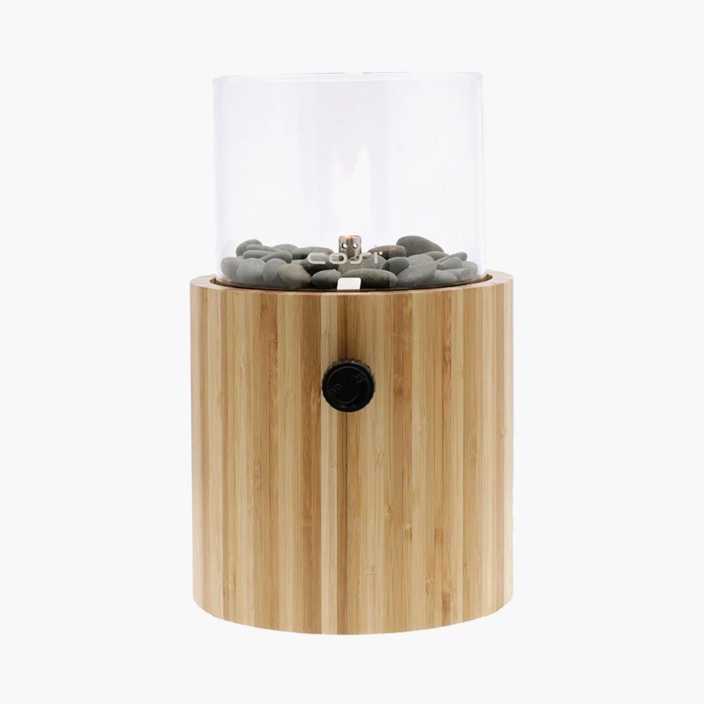 Cosiscoop Bamboo Cylindrical Gas Fire Lantern with Glass Guard & Pebble Stones – Modern Outdoor Tabletop Firepit 30x18.5x18.5cm - Click Style