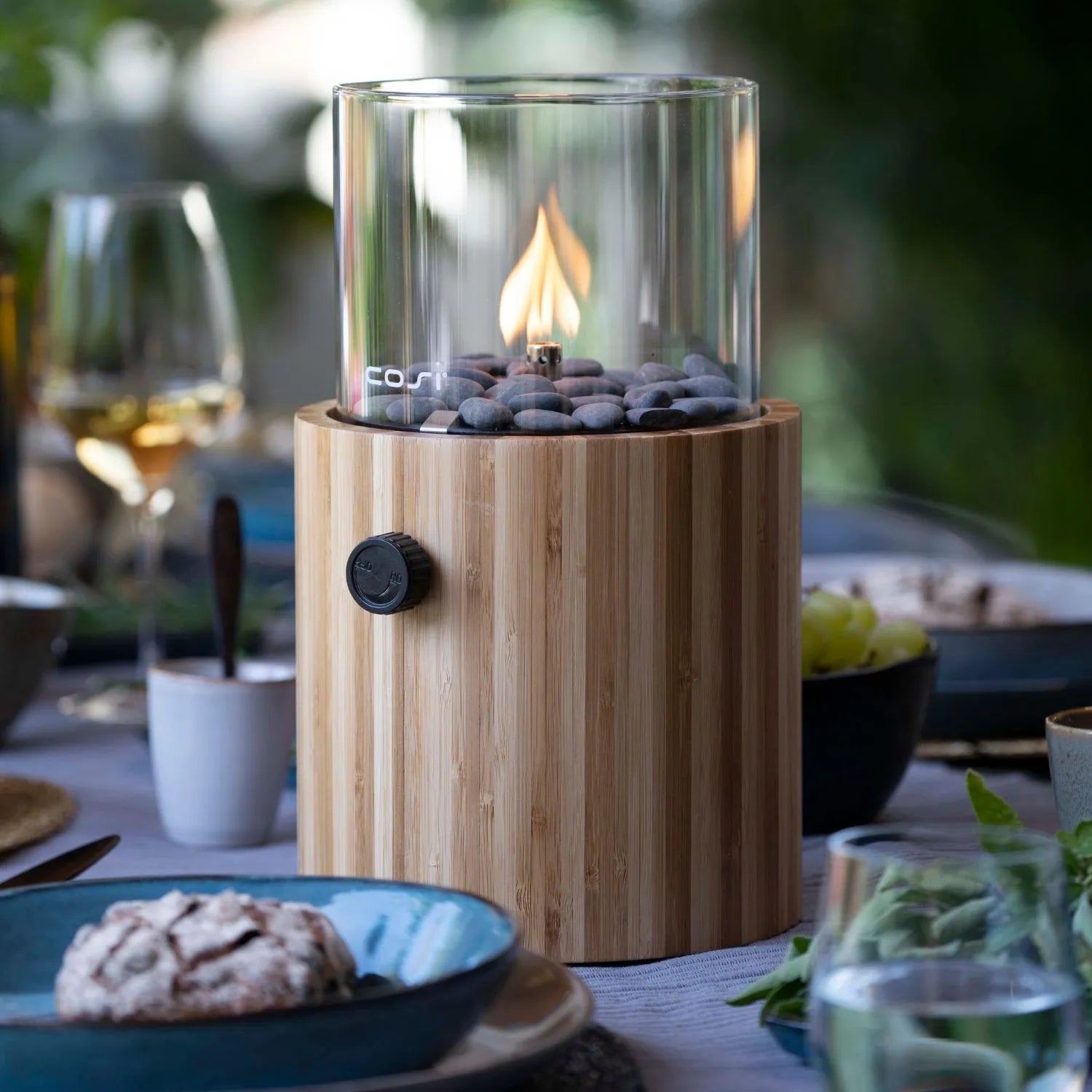 Cosiscoop Bamboo Cylindrical Gas Fire Lantern with Glass Guard & Pebble Stones – Modern Outdoor Tabletop Firepit 30x18.5x18.5cm - Click Style