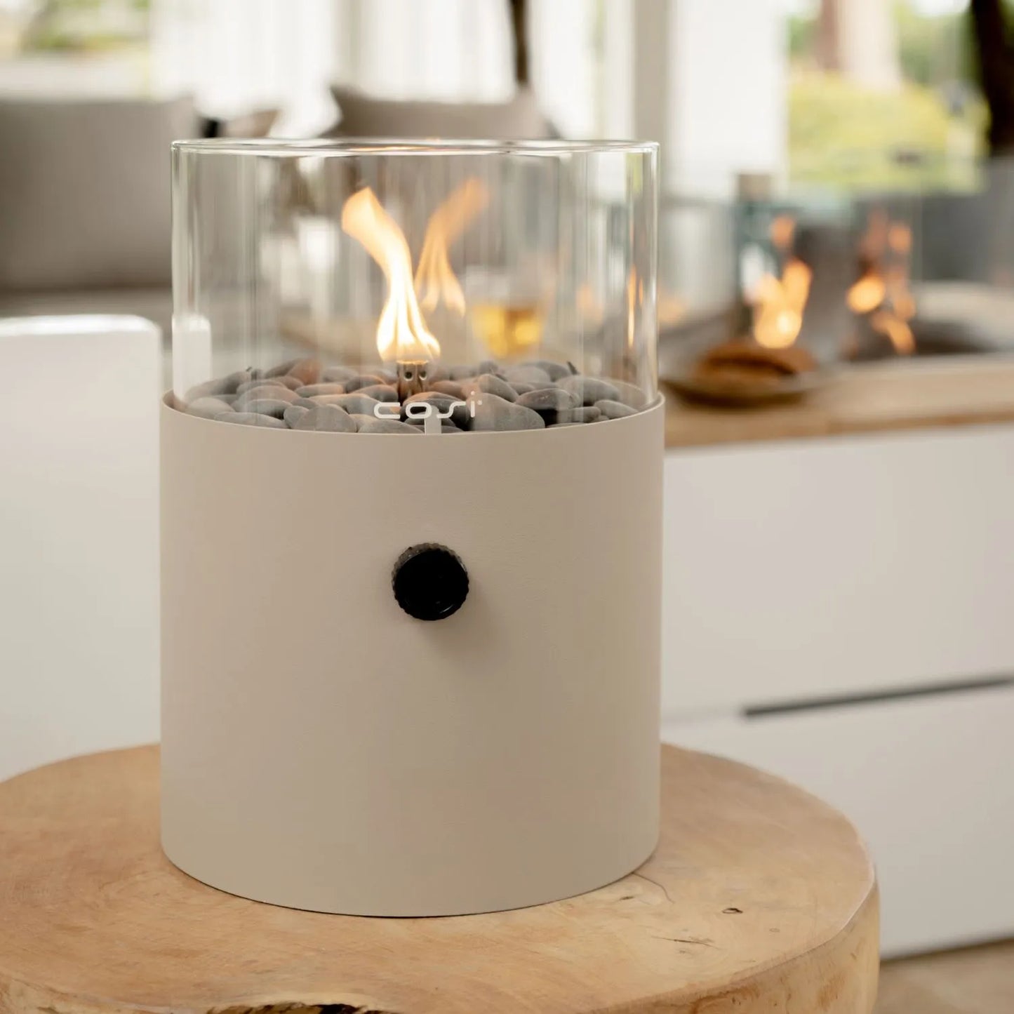 Cosiscoop Beige Taupe Metal & Glass Gas Fire Lantern with Cylindrical Base - Outdoor Tabletop Firepit 30x21x21cm - Click Style