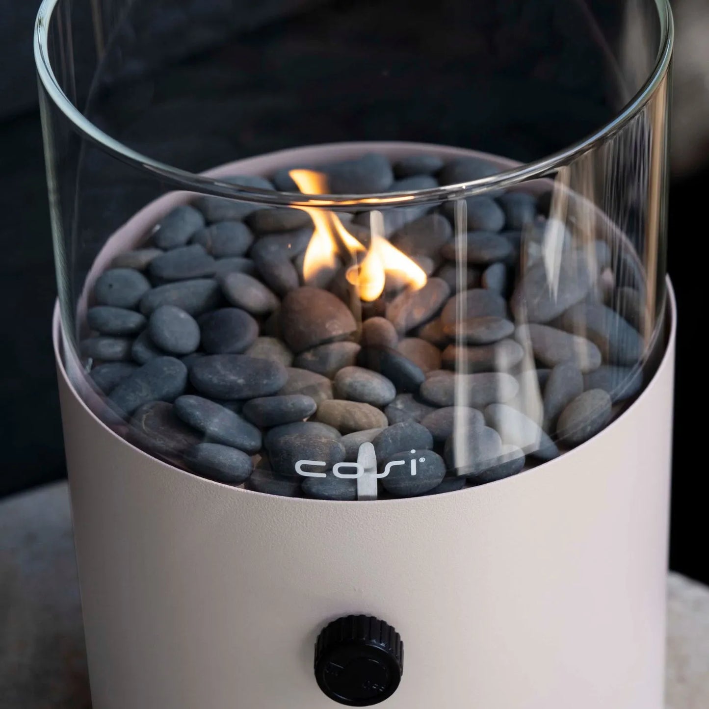 Cosiscoop Beige Taupe Metal & Glass Gas Fire Lantern with Cylindrical Base - Outdoor Tabletop Firepit 30x21x21cm - Click Style