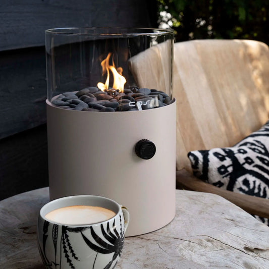 Cosiscoop Beige Taupe Metal & Glass Gas Fire Lantern with Cylindrical Base - Outdoor Tabletop Firepit 30x21x21cm - Click Style