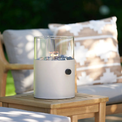 Cosiscoop Beige Taupe Metal & Glass Gas Fire Lantern with Cylindrical Base - Outdoor Tabletop Firepit 30x21x21cm - Click Style