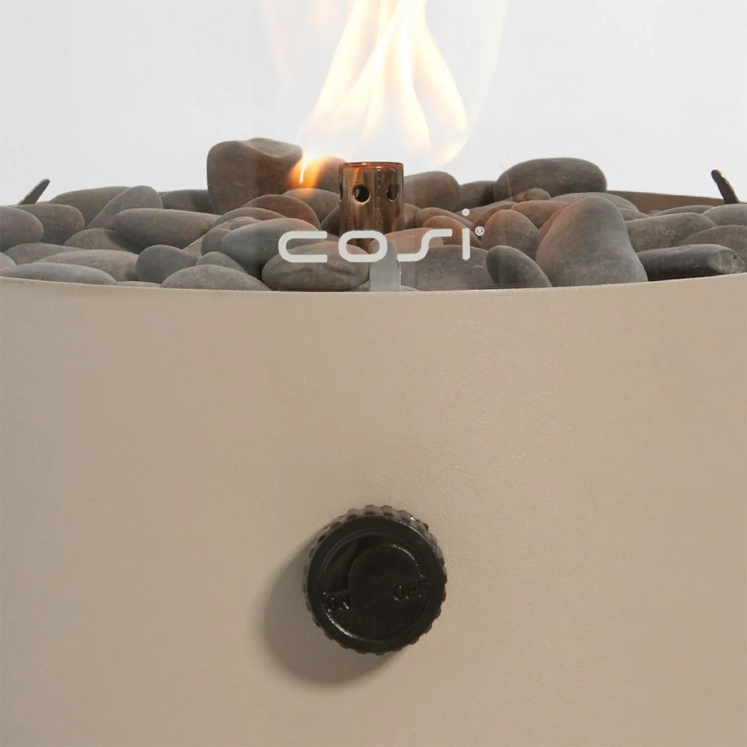 Cosiscoop Beige Taupe Metal & Glass Gas Fire Lantern with Cylindrical Base - Outdoor Tabletop Firepit 30x21x21cm - Click Style