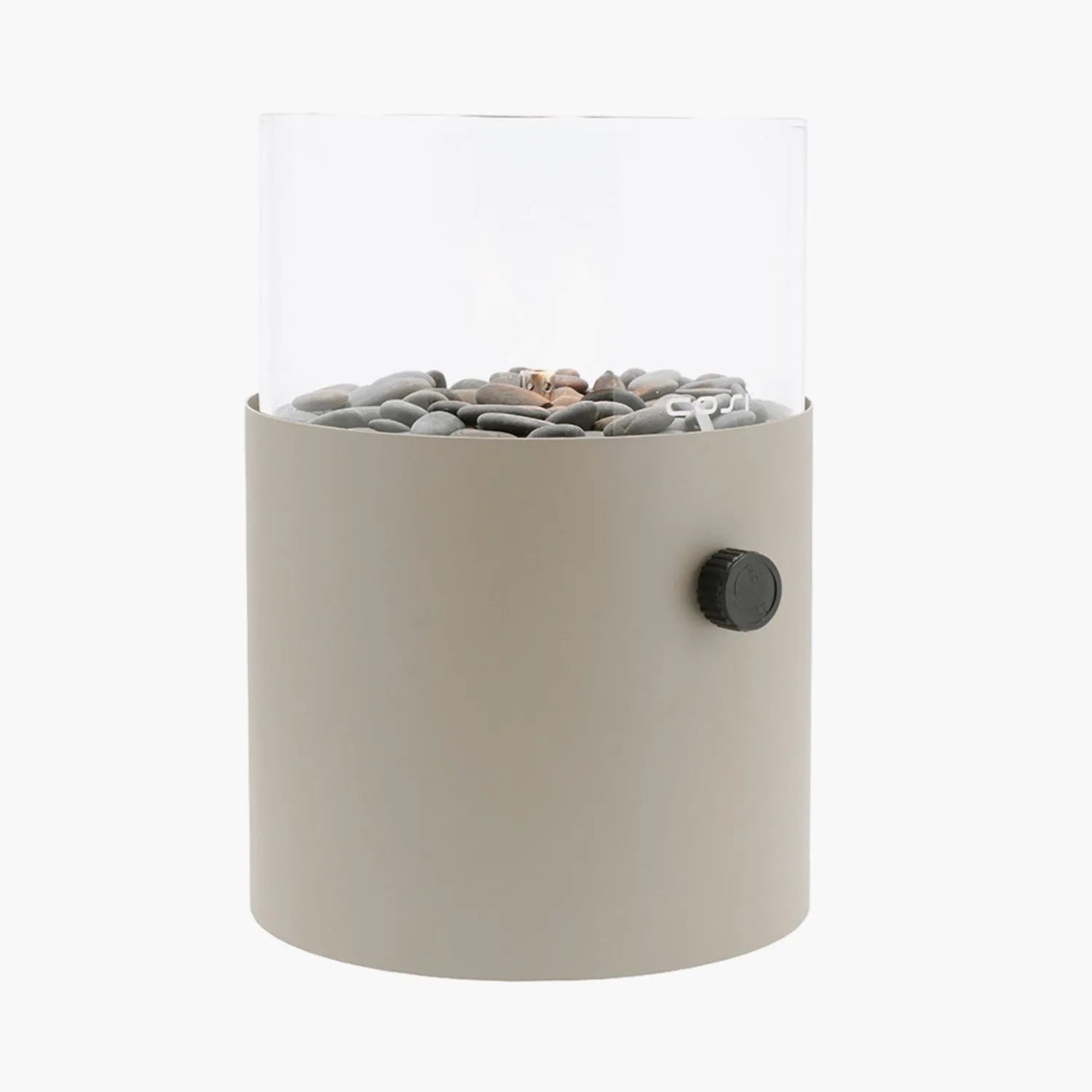 Cosiscoop Beige Taupe Metal & Glass Gas Fire Lantern with Cylindrical Base - Outdoor Tabletop Firepit 30x21x21cm - Click Style