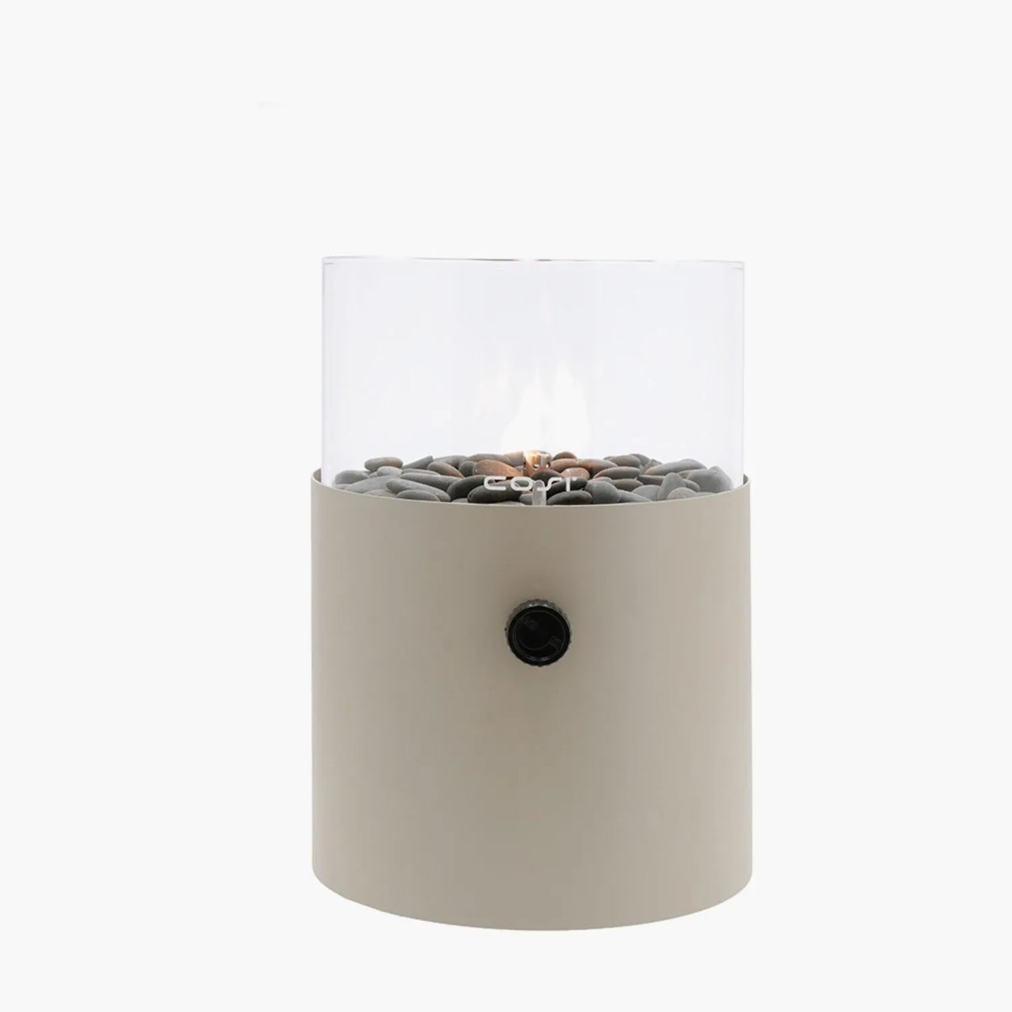 Cosiscoop Beige Taupe Metal & Glass Gas Fire Lantern with Cylindrical Base - Outdoor Tabletop Firepit 30x21x21cm - Click Style