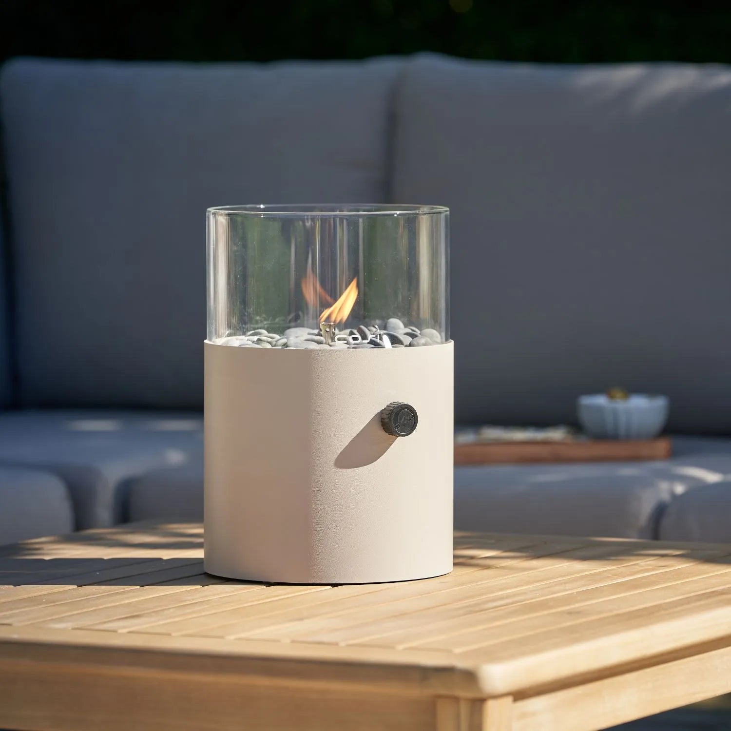 Cosiscoop Beige Taupe Metal & Glass Gas Fire Lantern with Cylindrical Base - Outdoor Tabletop Firepit 30x21x21cm - Click Style