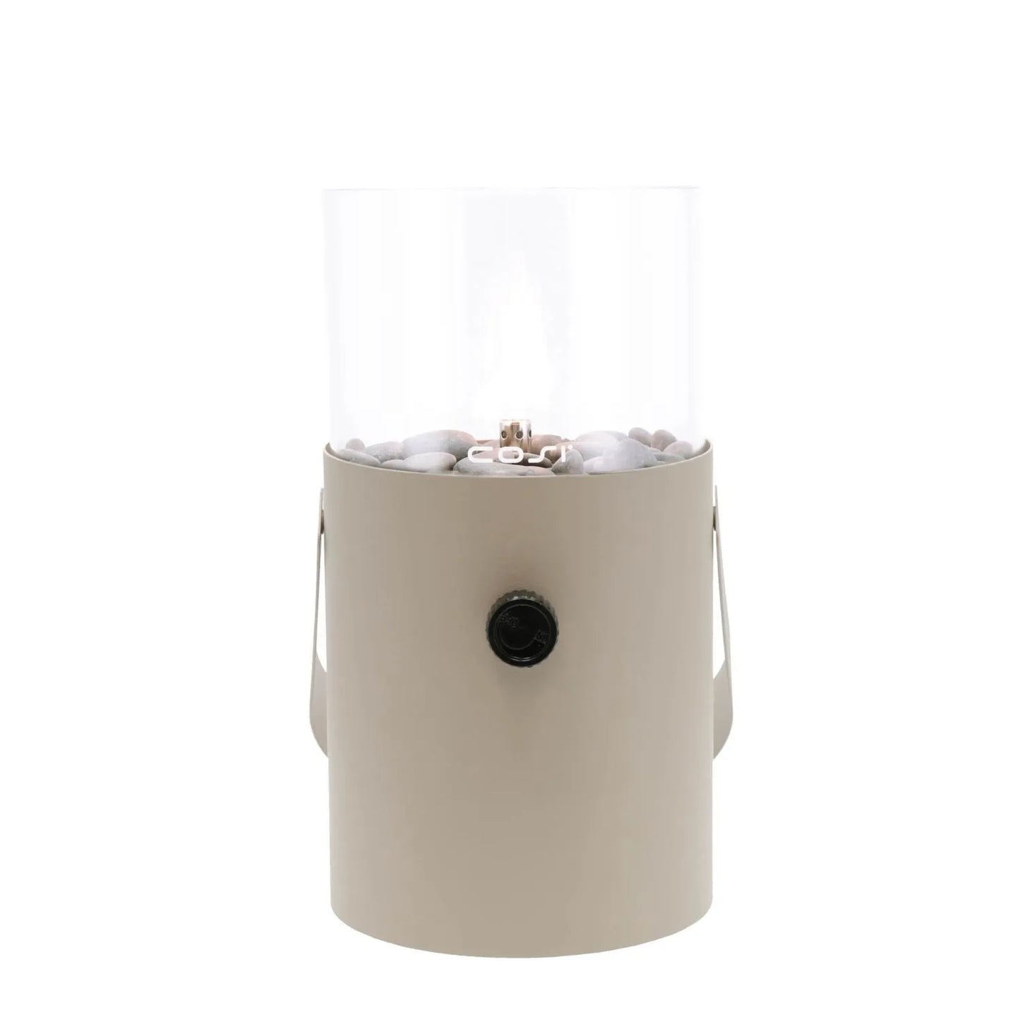 Cosiscoop Beige Taupe Metal & Glass Gas Fire Lantern with Cylindrical Base & Handle - Outdoor Tabletop Firepit 30x16x16cm - Click Style