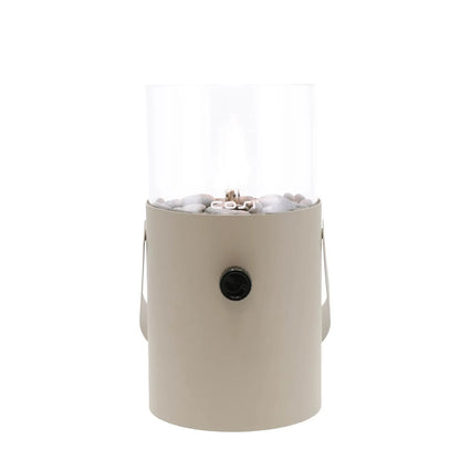 Cosiscoop Beige Taupe Metal & Glass Gas Fire Lantern with Cylindrical Base & Handle - Outdoor Tabletop Firepit 30x16x16cm - Click Style