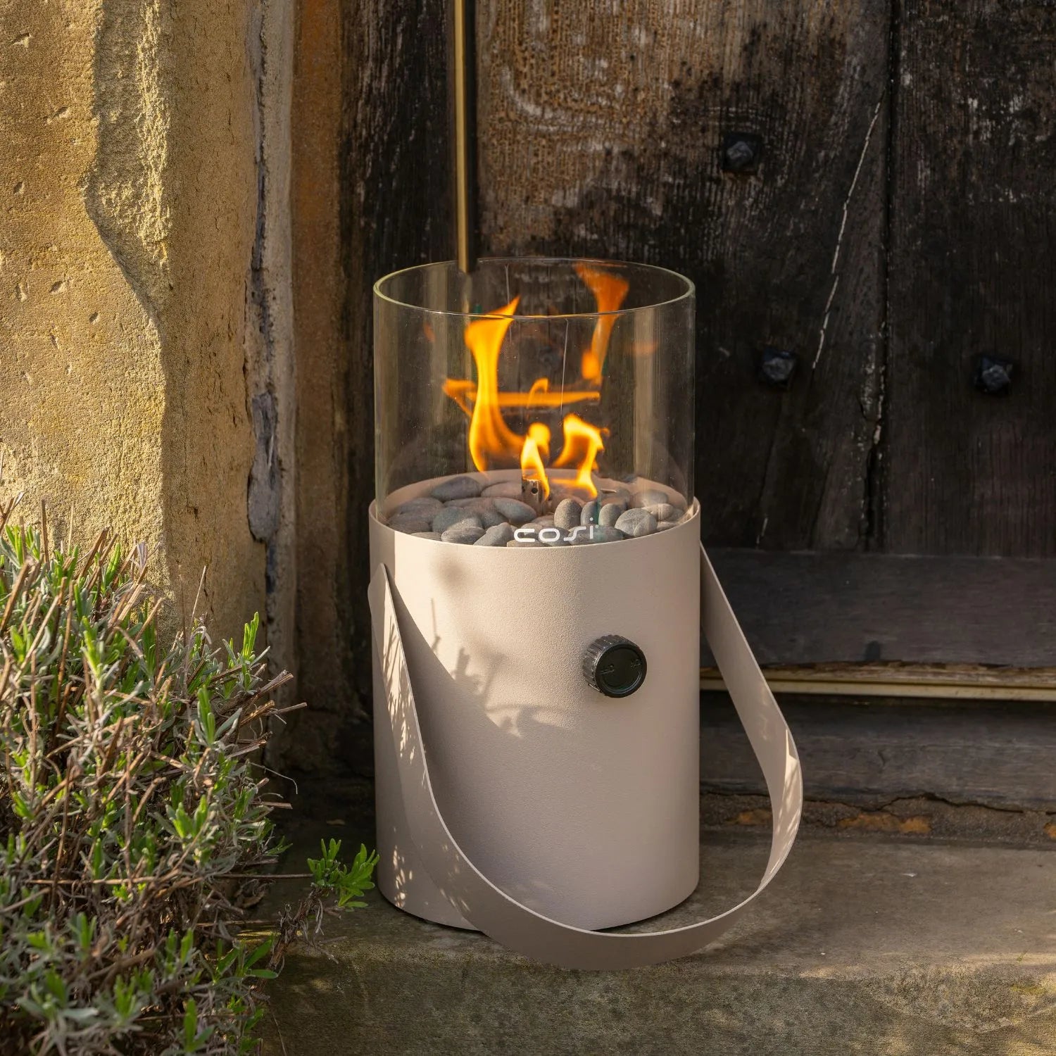 Cosiscoop Beige Taupe Metal & Glass Gas Fire Lantern with Cylindrical Base & Handle - Outdoor Tabletop Firepit 30x16x16cm - Click Style